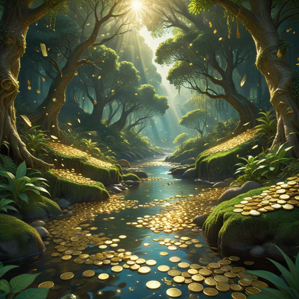 Fantasy River of Gold Coins and Dollar Bills in Forest