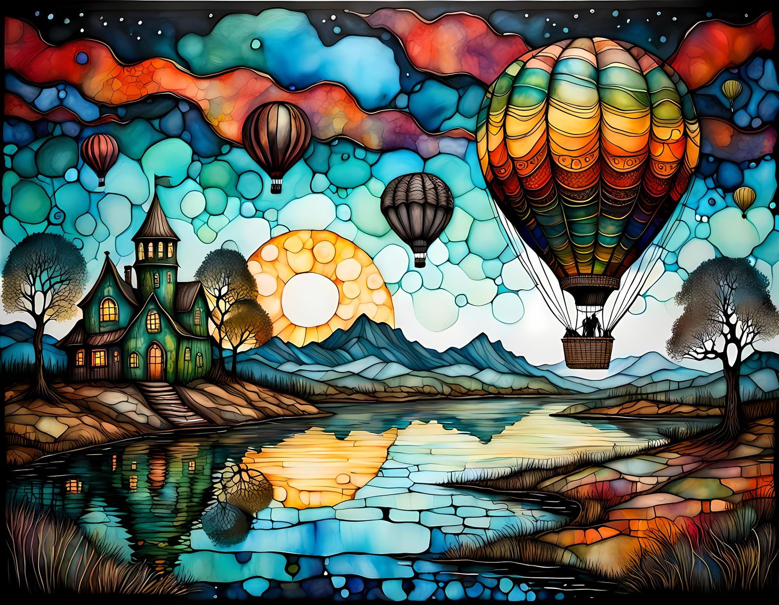Hot Air Balloon Over Whimsical Landscape, Alcohol Ink Style