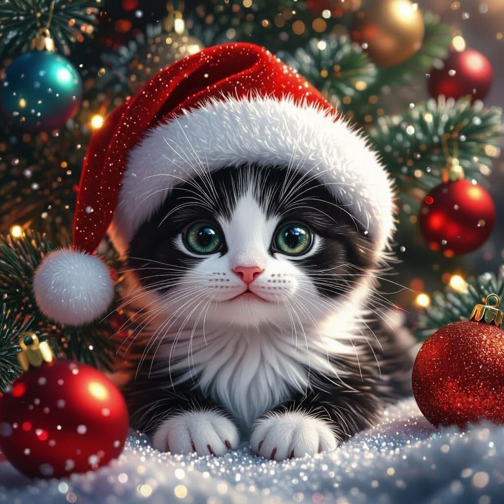 Adorable Black and White Kitten in Santa Hat with Ornaments