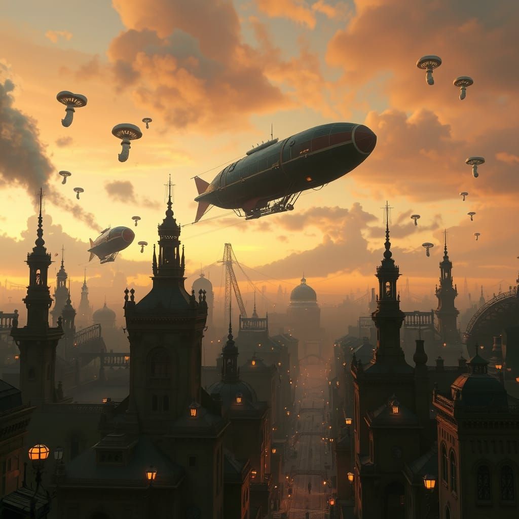 Steampunk Cityscape with Glowing Airships at Dusk