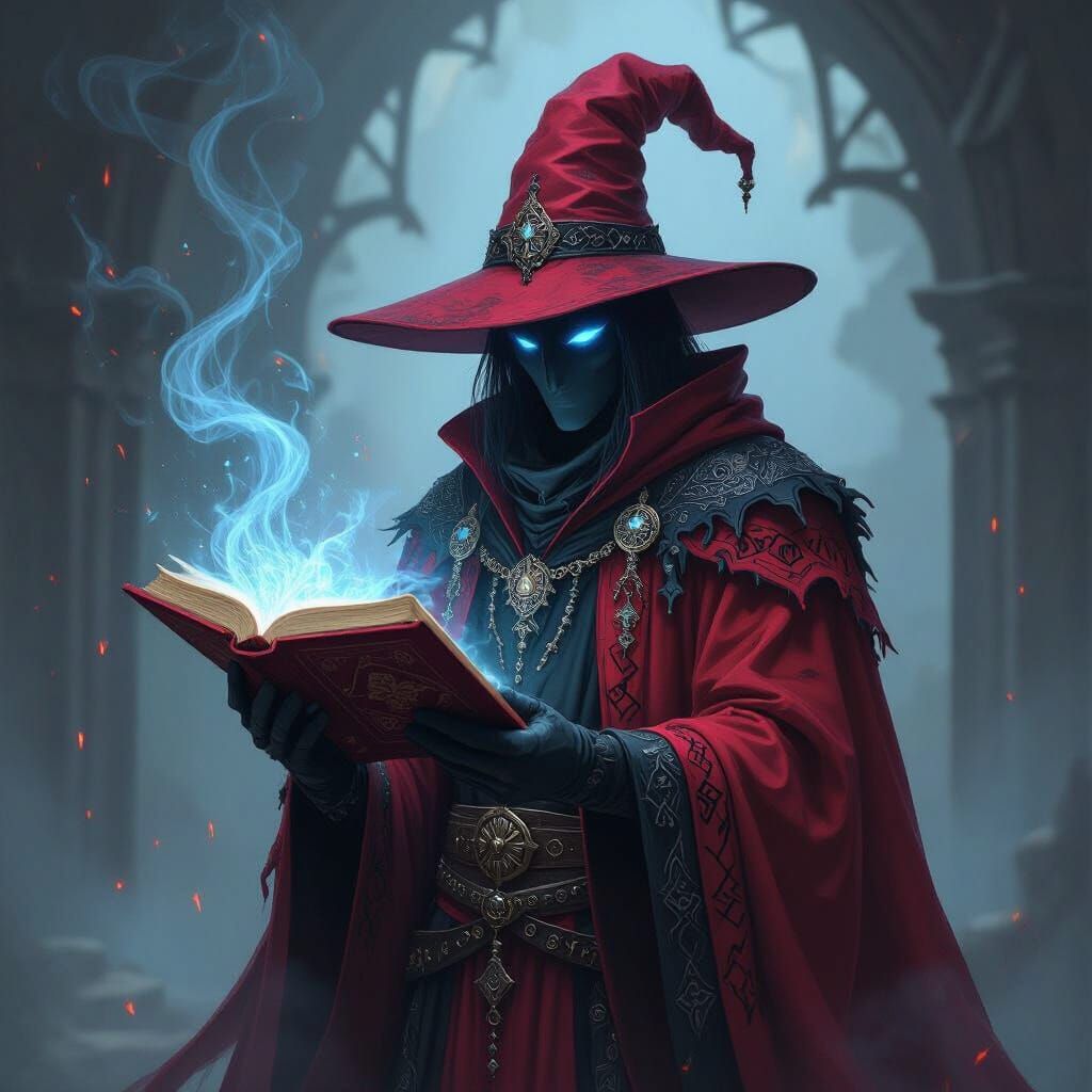 Warlock in Red Black Robes With Glowing Runes and Spellbook
