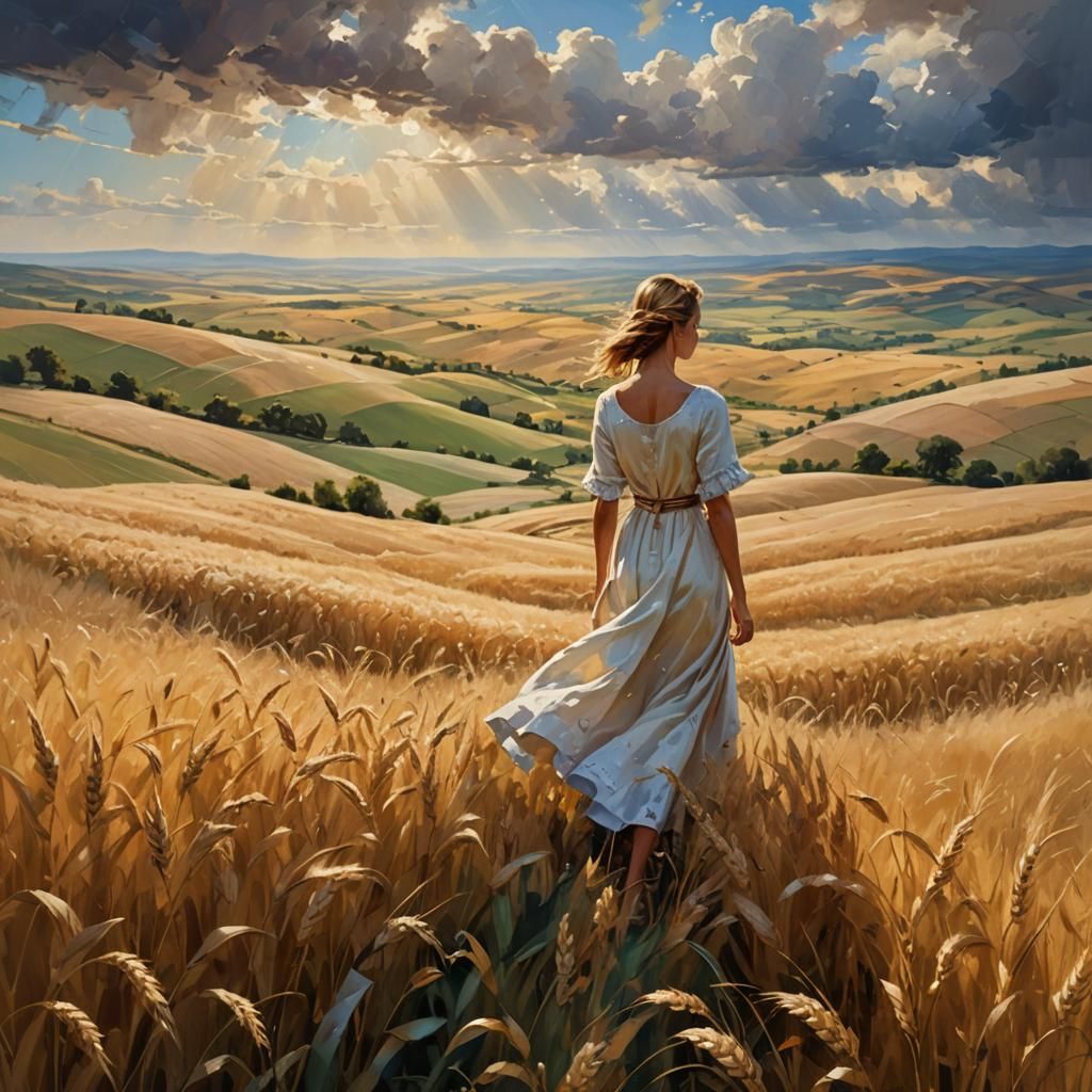 Golden Wheat Fantasy Landscape in Cinematic Volumetric Light...