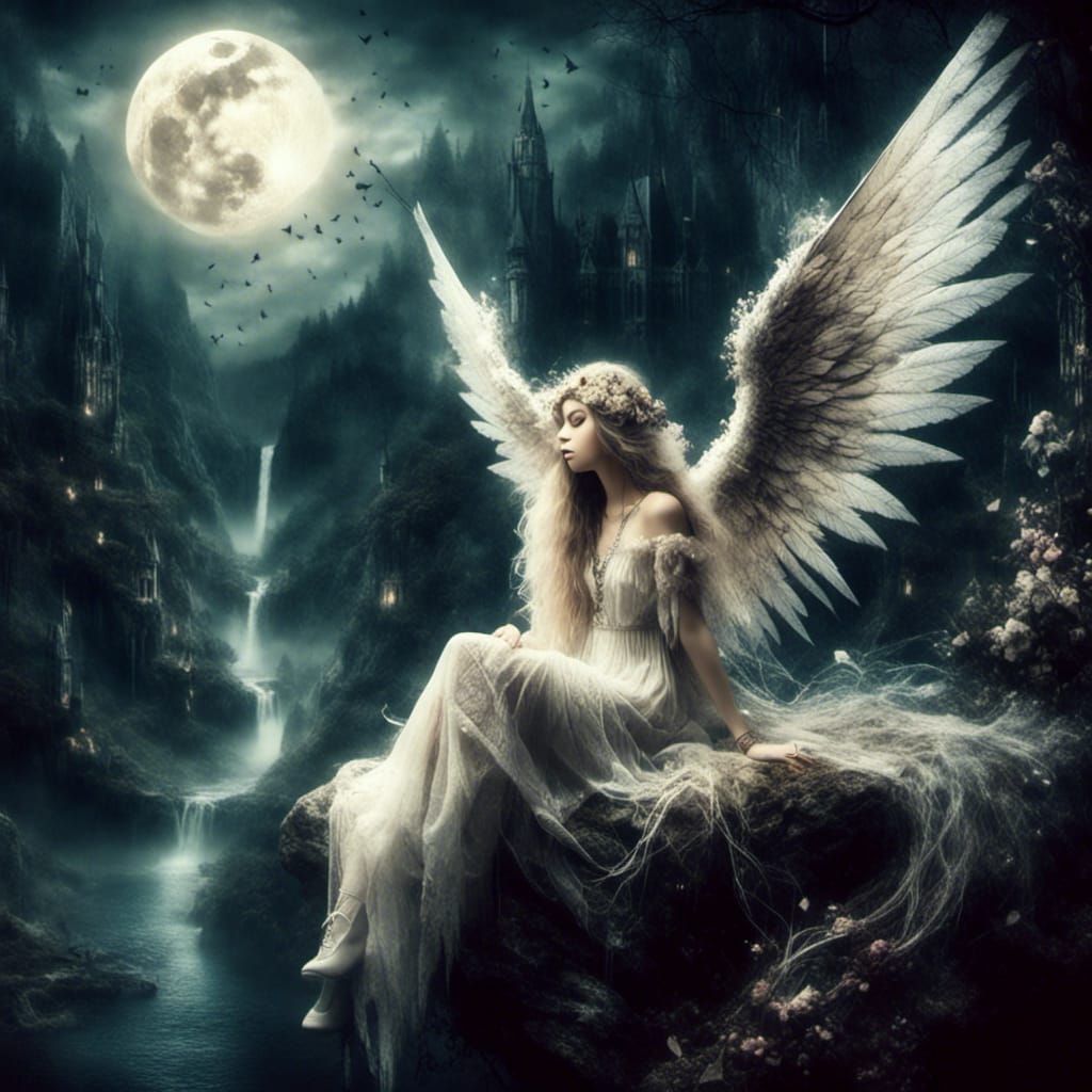 Enchanting Angel Overlooks Moonlit Fantasy Landscape