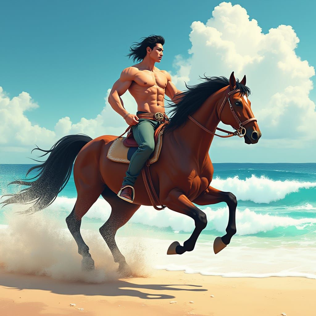 Muscled Warrior Rides Majestic Horse Along Sun-Kissed Beach