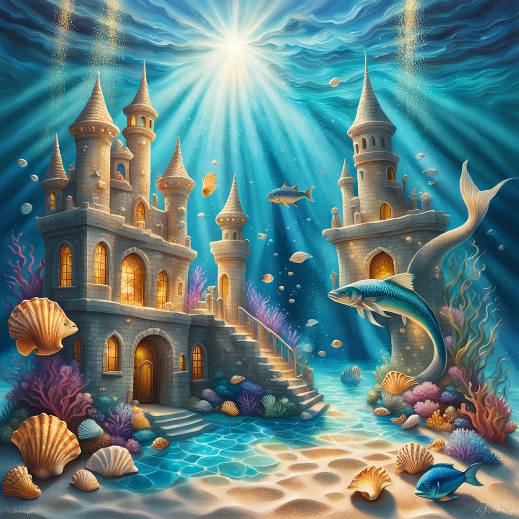 Underwater Mermaid Sandcastle in Hyperrealistic Splash Art