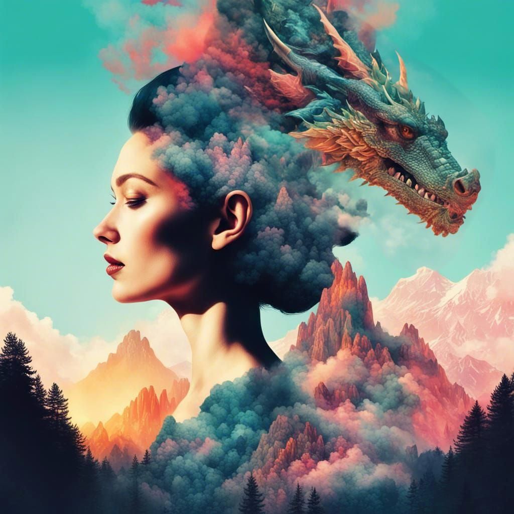 Vibrant Dragon Silhouette in Double Exposure Collage