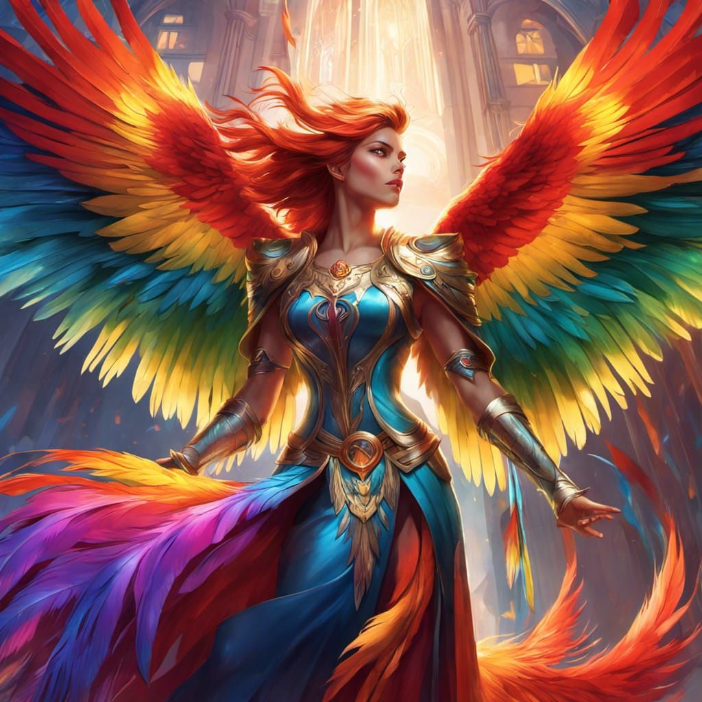 Majestic Rainbow Phoenix Taking Flight: Epic Fantasy Art