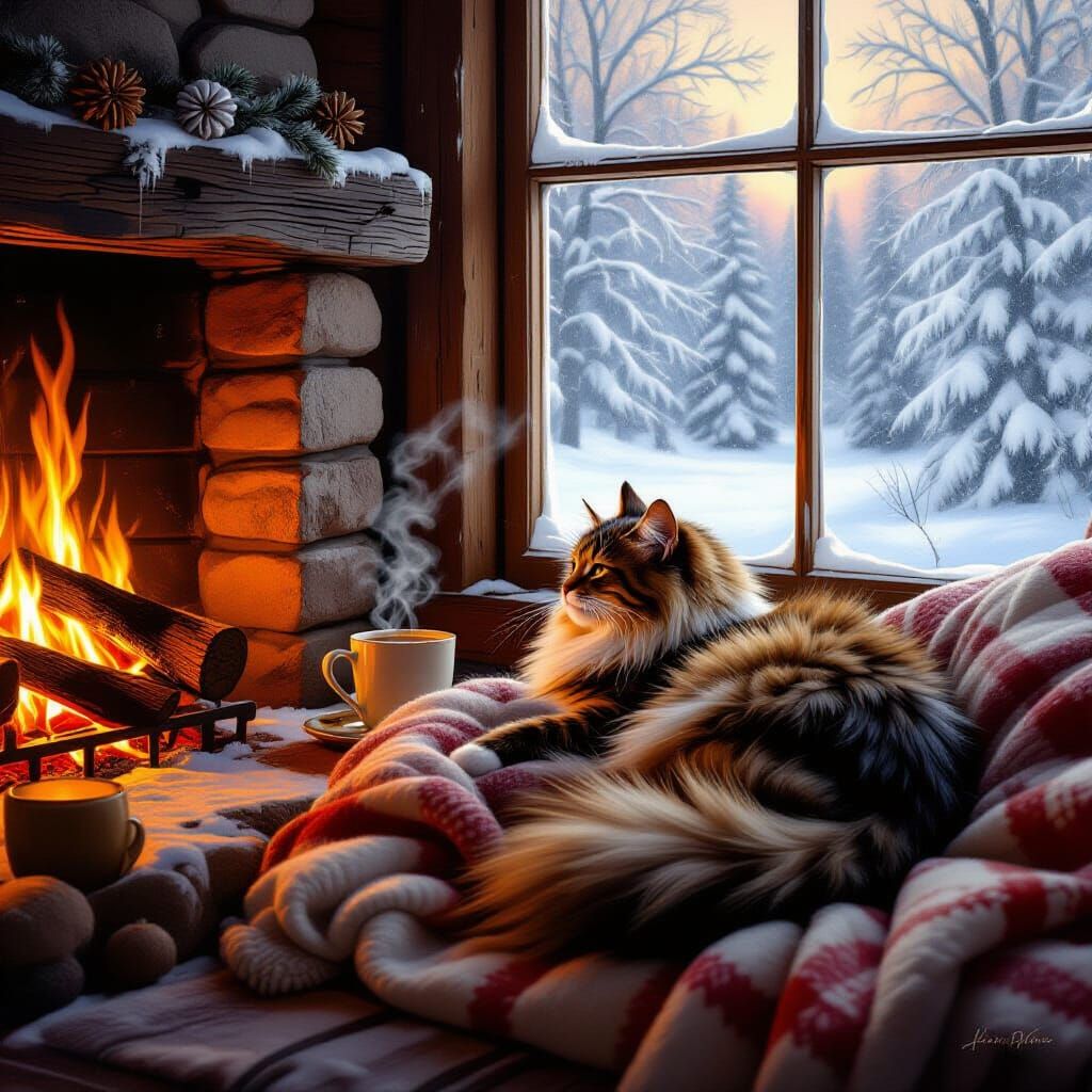 Cozy Cat Napping by Fireplace: Oil Painting