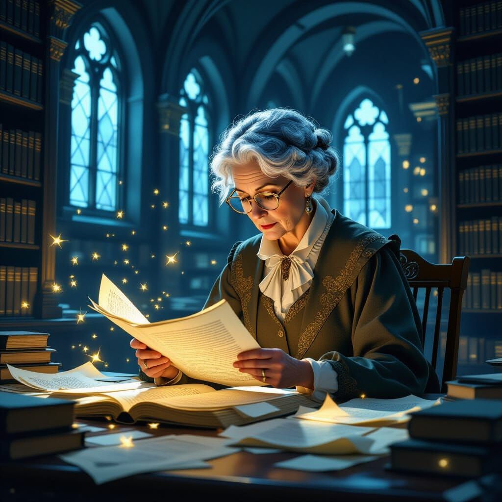 Elderly Librarian Sorts Ethereal Scrolls in Magical Library