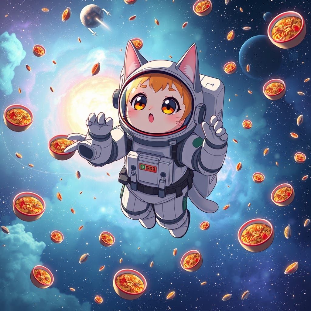 Anime Cat-Eared Astronaut in Cosmic Ramen Nebula