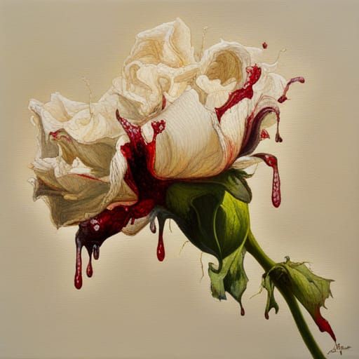 White Rose Dripping Blood: Dramatic Oil Painting
