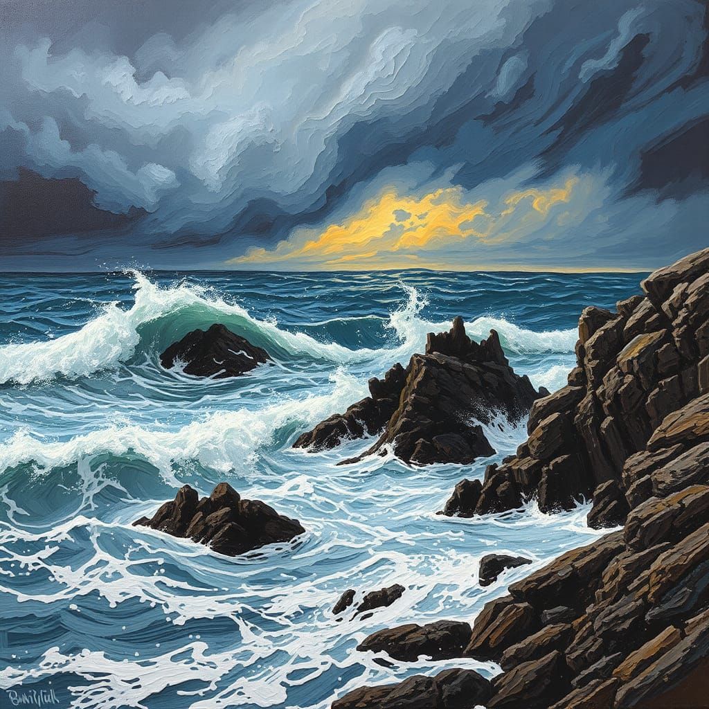Stormy Impasto Seascape with Crashing Waves and Jagged Rocks