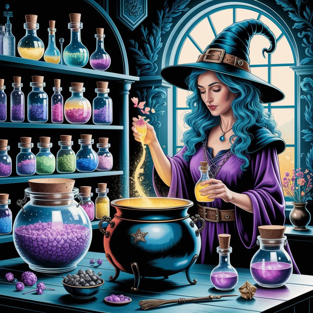 Intricately detailed alcohol ink illustration, well-lit Poti...