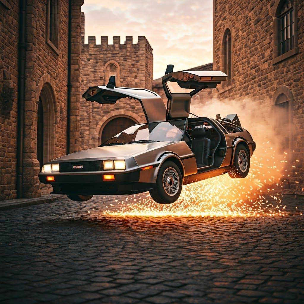 DeLorean Time Machine Lands in Ancient Town Square