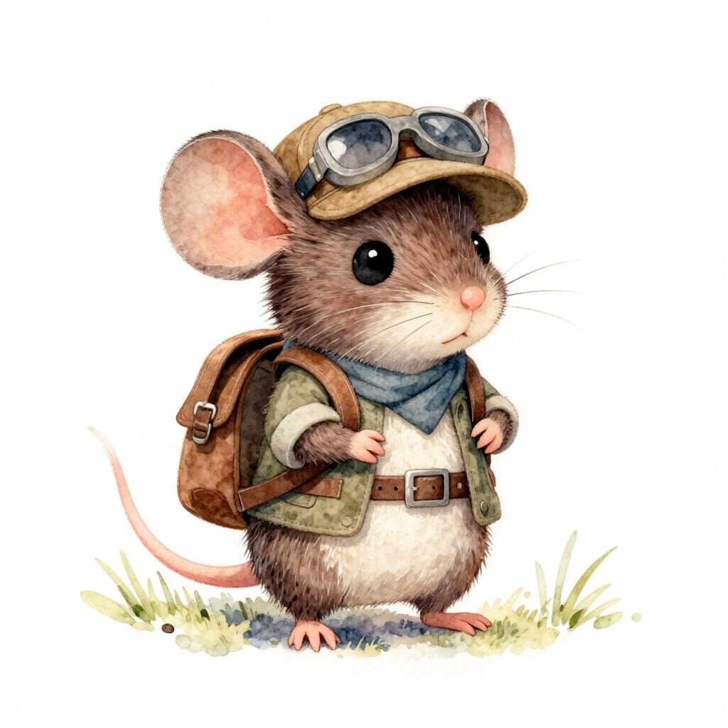 Small Explorer Mouse Dressed for Adventure in Watercolour