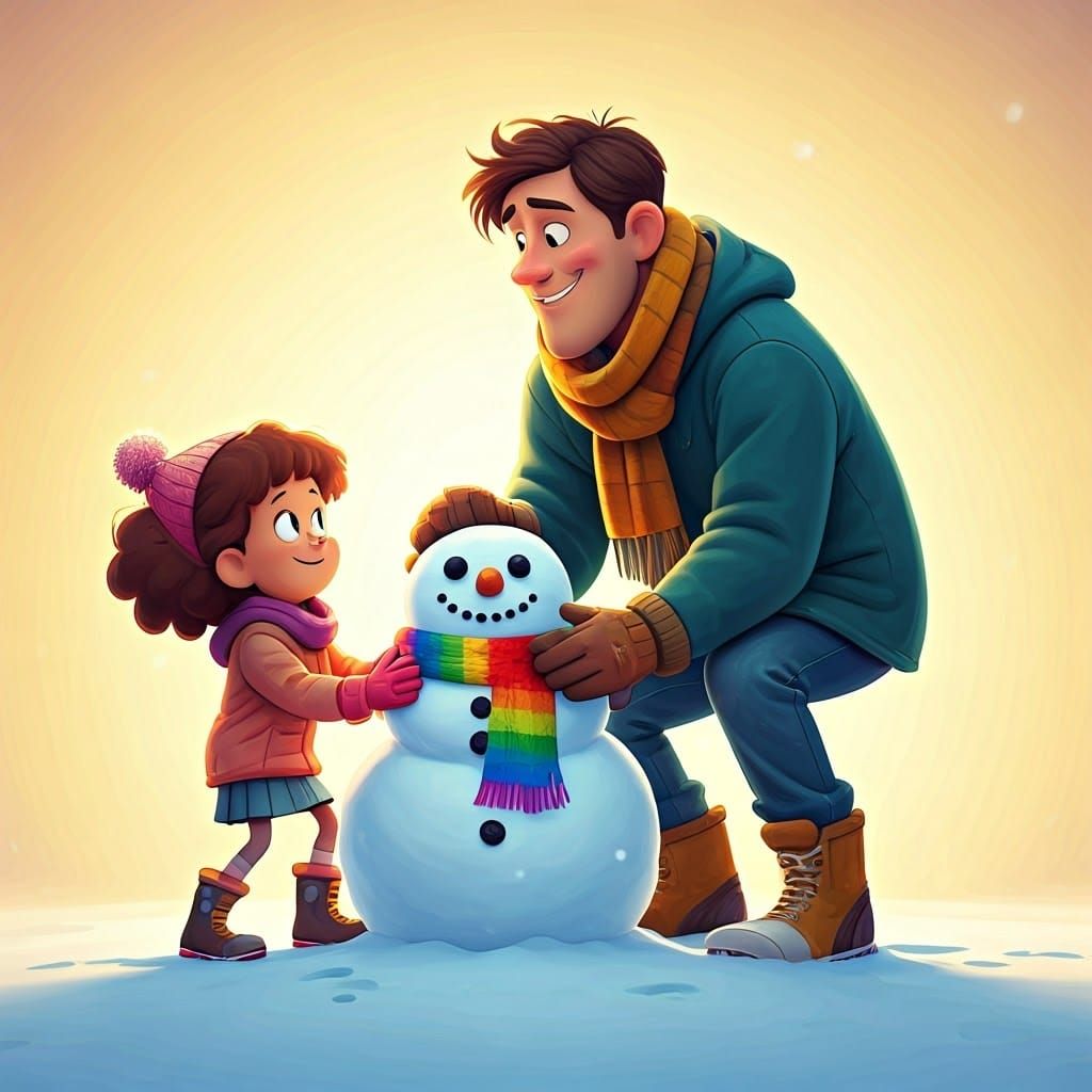 Joyful Winter Scene of Father and Daughter Building a Snowma...