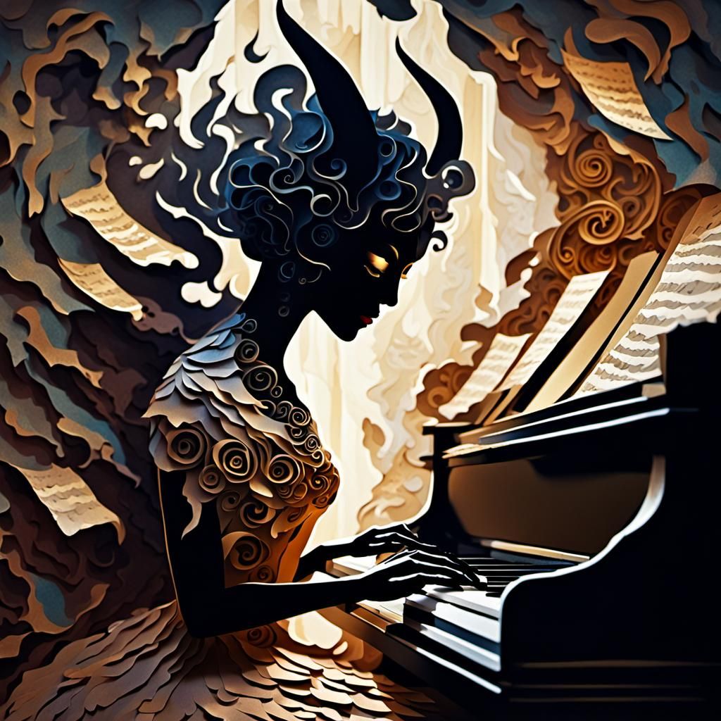 Demon Woman Plays Piano in Paper Collage Art