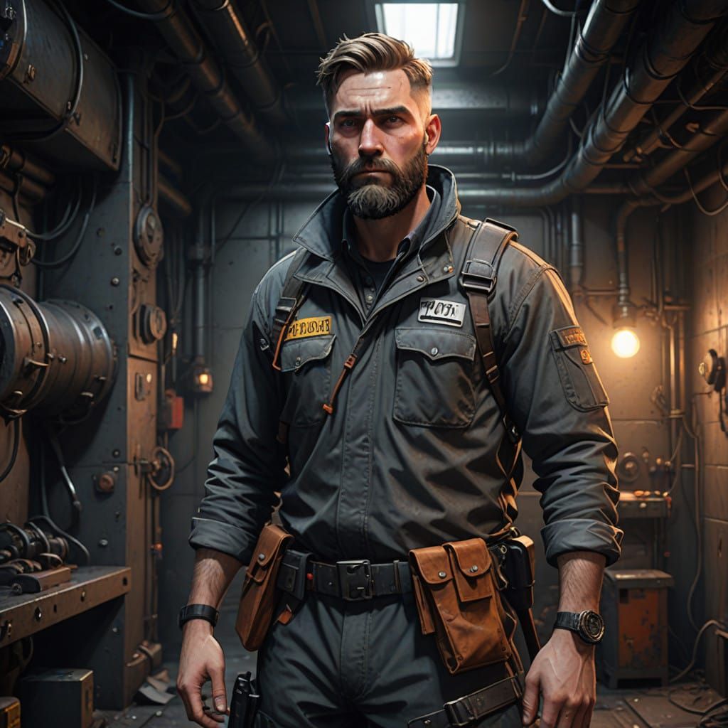 Rugged Hero in Dark Gray Coveralls, Bespectacled and Confide...