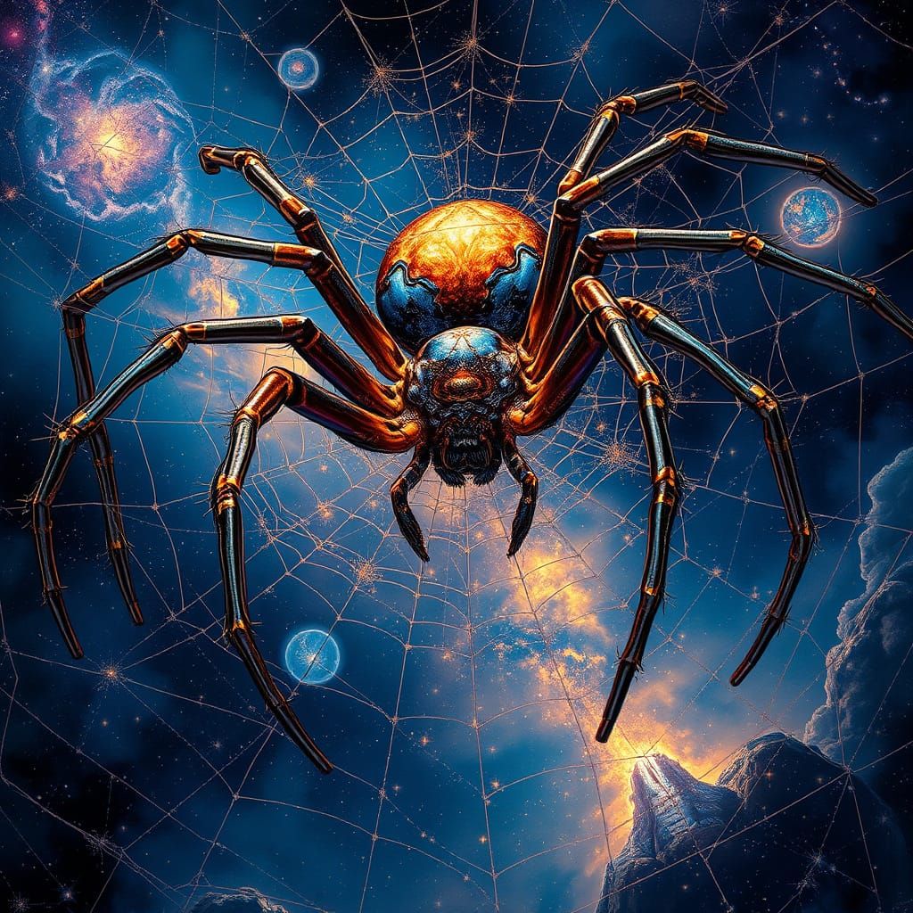Cosmic Surrealism Spider Weaving Starlight Web
