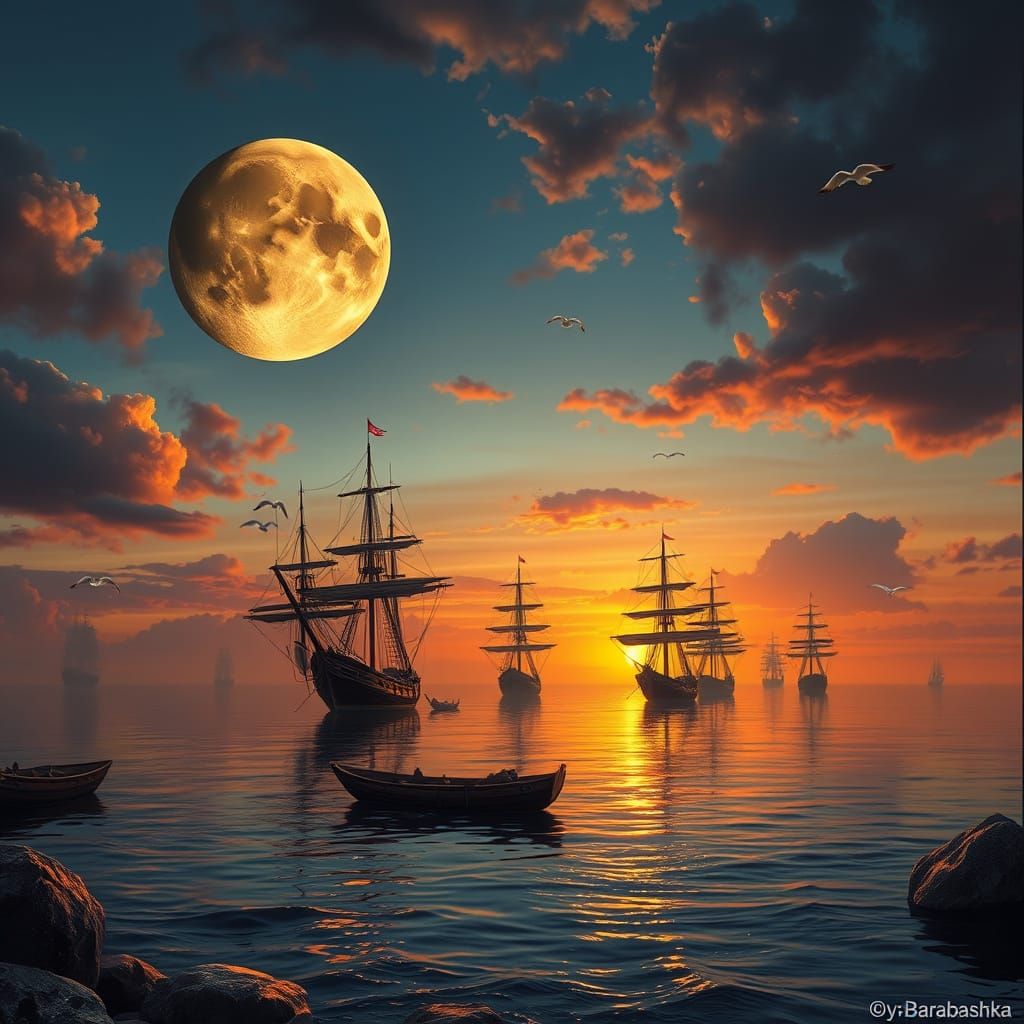 Bronze Moon Over Bay at Sunset: Hyperrealistic Splash Art