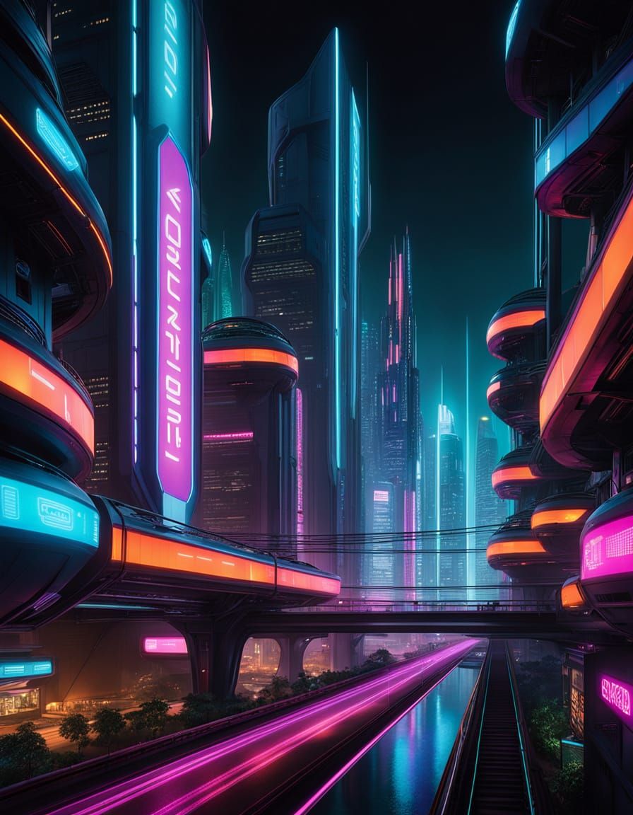 Cyberpunk Cityscape at Night with Neon Lights