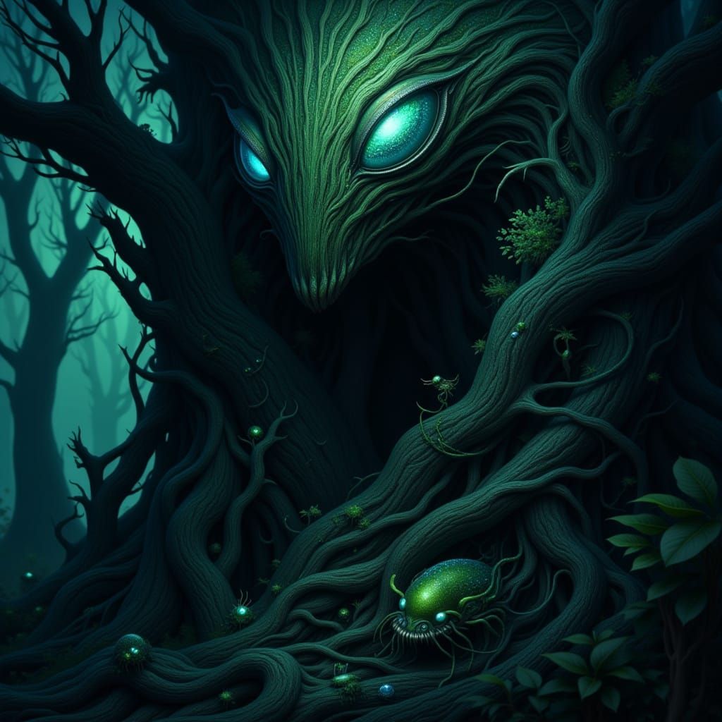 Eerie Monster Peeking from Tree in Dark Diner Scene
