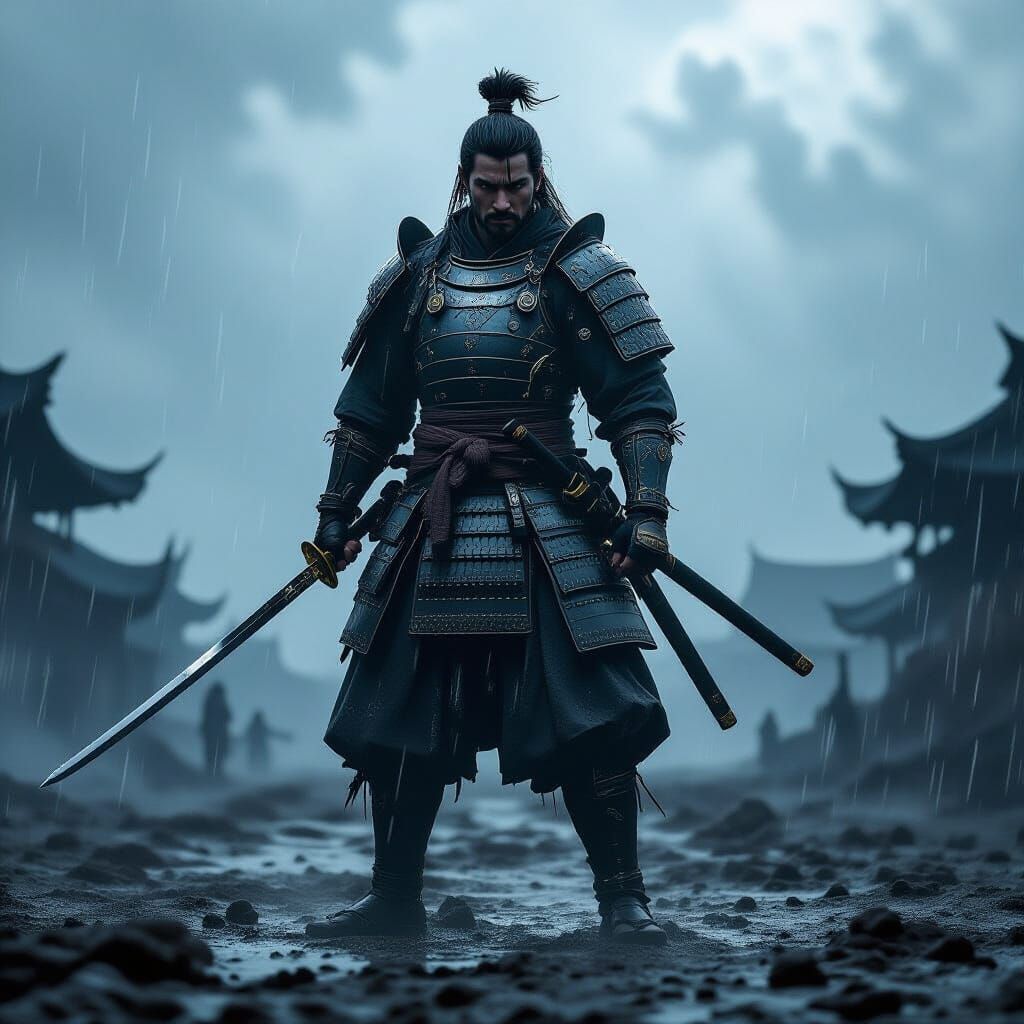 Stoic Samurai Warrior in Stormy Battlefield