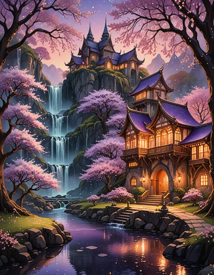 Elven Yard with Cherry Blossoms and Waterfall