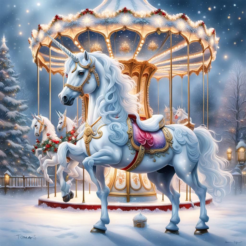 Surreal Christmas Carousel Horse in Hyperrealistic Fantasy S...