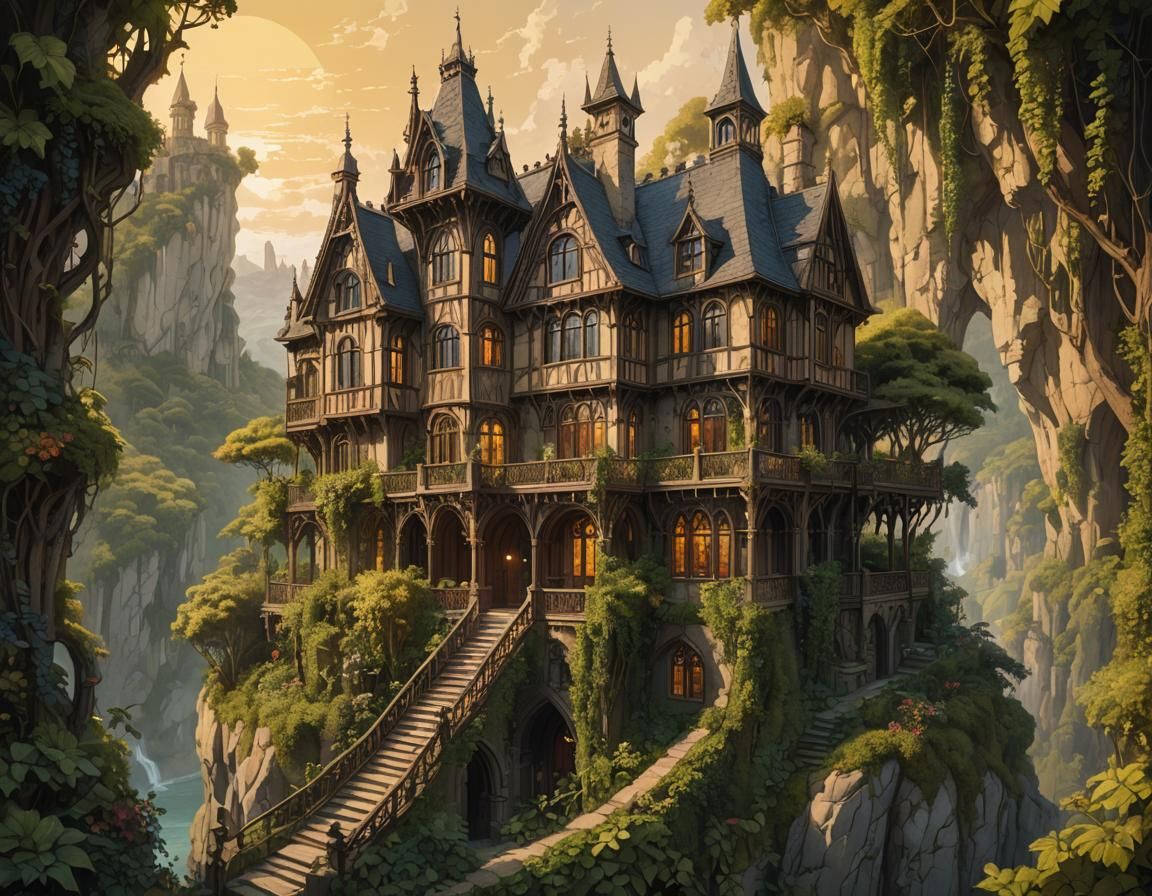 Gothic House on Cliff with Woman in Blue Dress