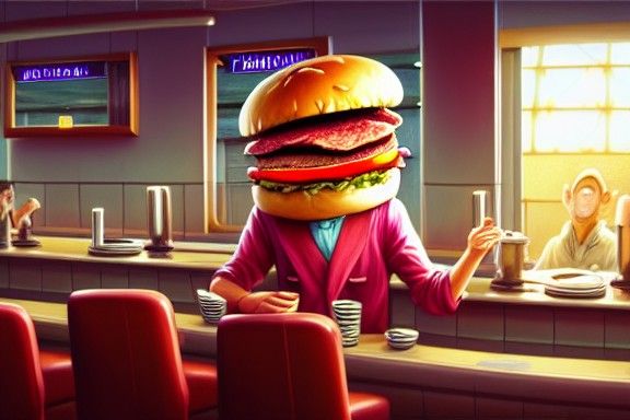 Hyperdetailed Burger Character in American Diner