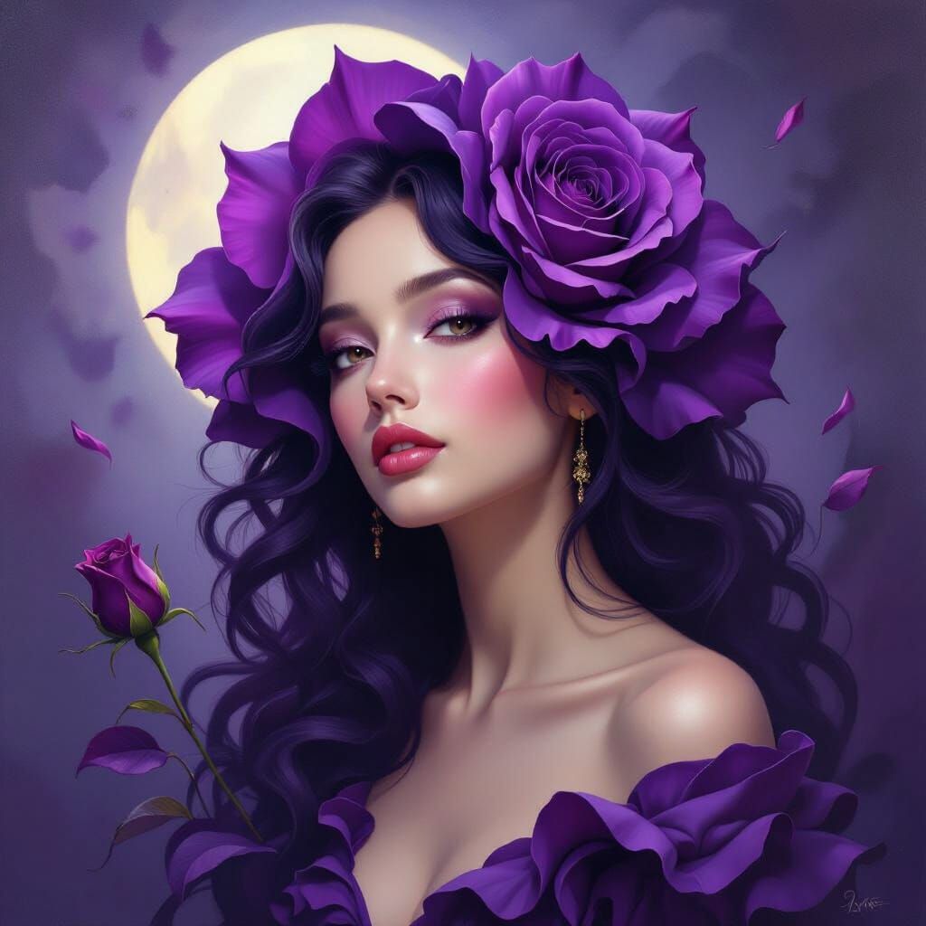 Purple Rose Woman Emerges in Surrealist Oil Painting