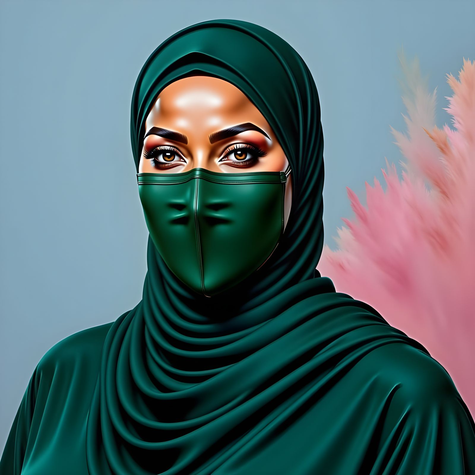 Portrait of Woman in Hijab with Green Mask