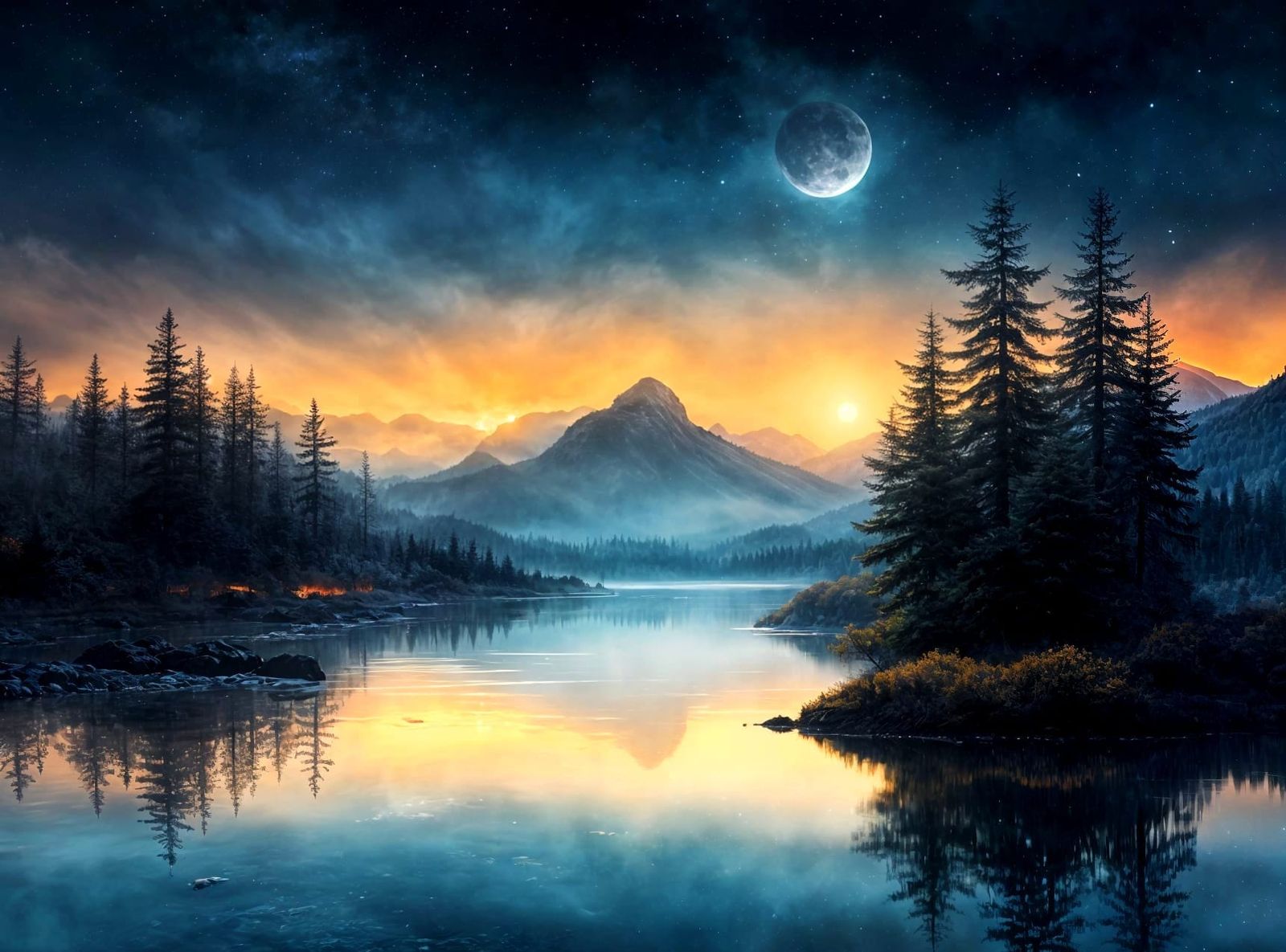 Moonlit Autumn Night Scene in Wilderness