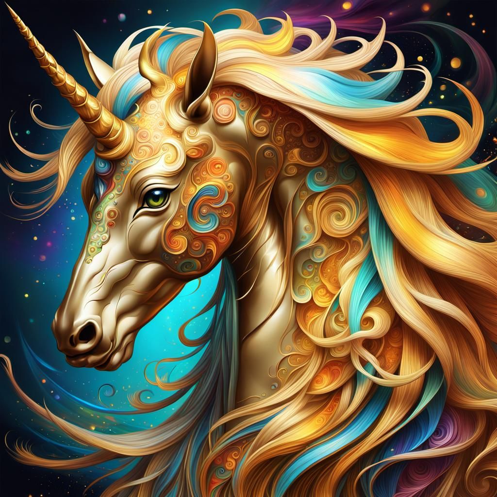 Golden Unicorn Watches Artist at Work: Abstract Fractal Art