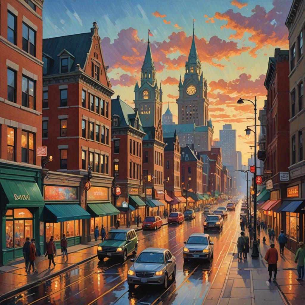 Milwaukee Cityscape at Sunset in Vintage Oil Painting Style