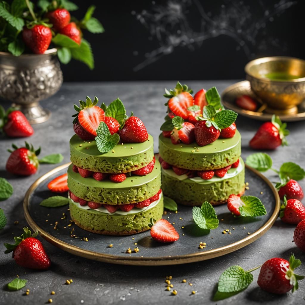 Elegant Matcha Cakes with Strawberries, Hyperrealistic Photo...