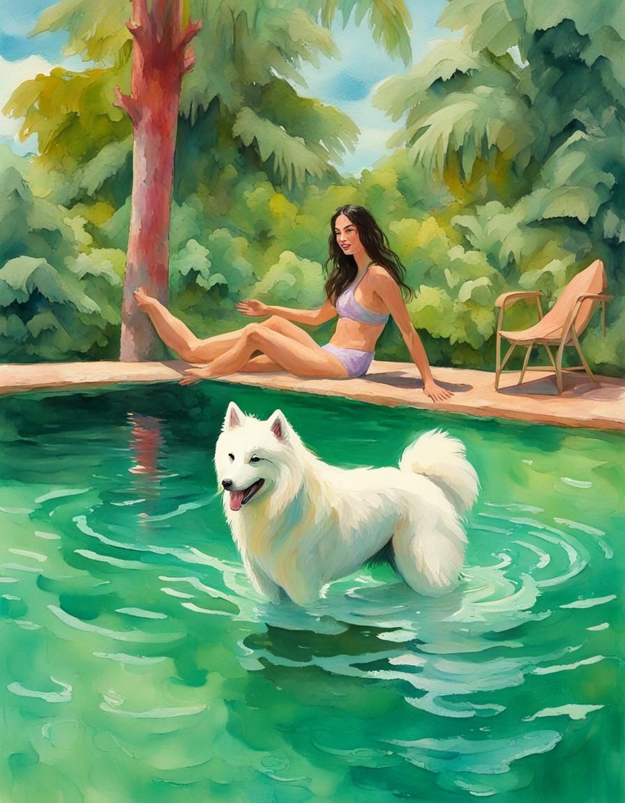 Samoyed and Brunette in Tropical Gouache Painting