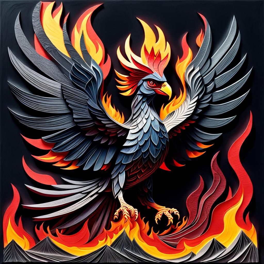 Phoenix Rising in Cubist Lino Print Style