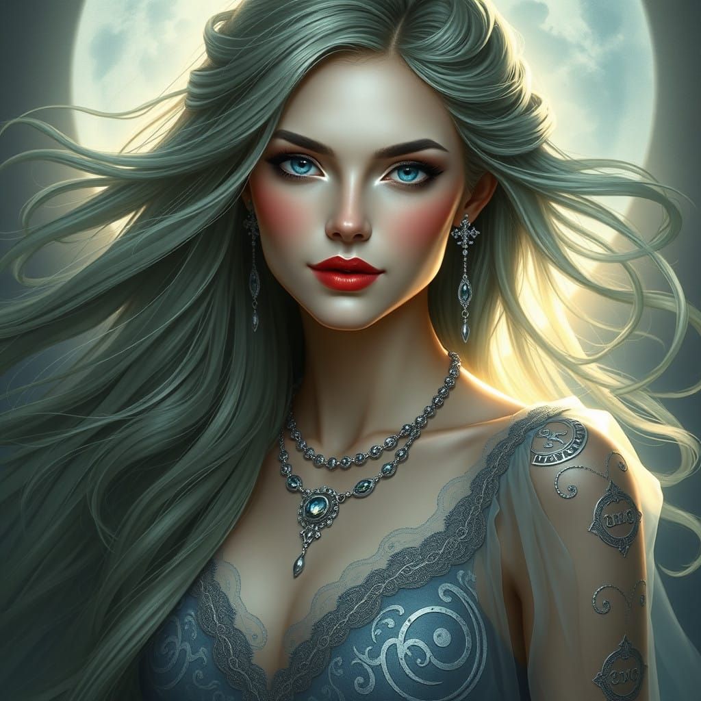 Ethereal Goddess with Long Green Hair and Sapphire Jewels