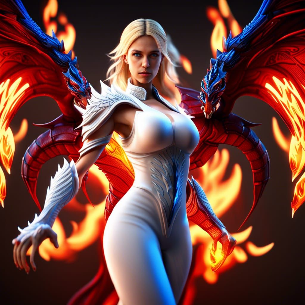 Woman Touches Fire Dragon in 3D Render