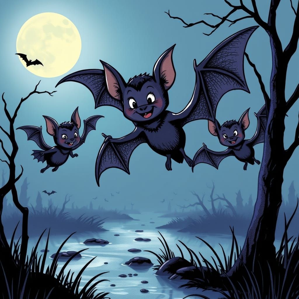 Walt Kelly-Inspired Bats Soar in Whimsical Moonlit Swamp