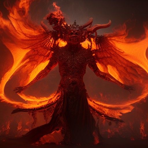 Hyperdetailed Fire Demon Lord in Burning Temple