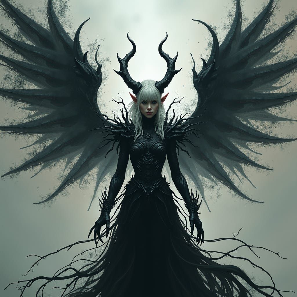 Fearsome Dark Elf Pythia in Grotesque Filigree Drawing