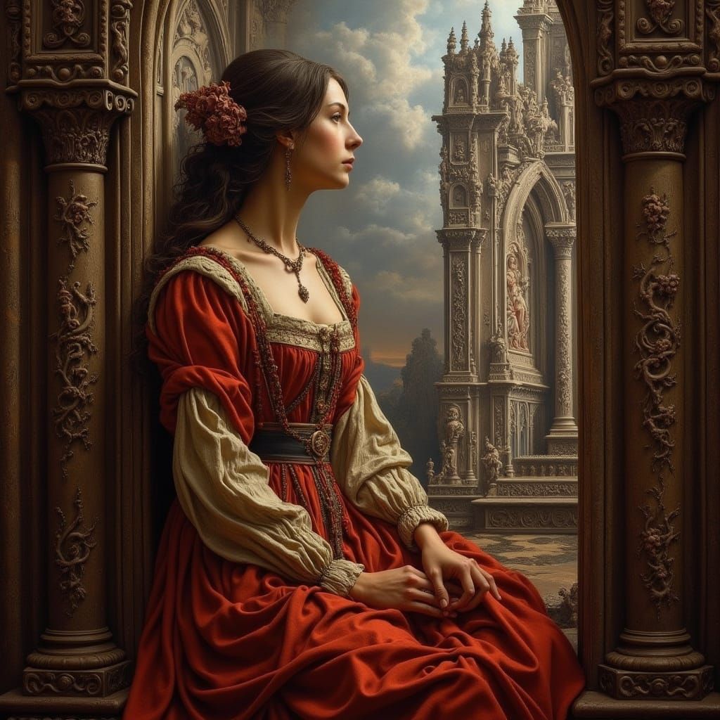 Renaissance Woman by Castle Window in Oil Painting Style