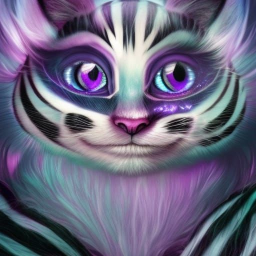 Cheshire cat with purple fur& White stripes& Crystal blue eyes& wonderland vibes& ethereal vibes