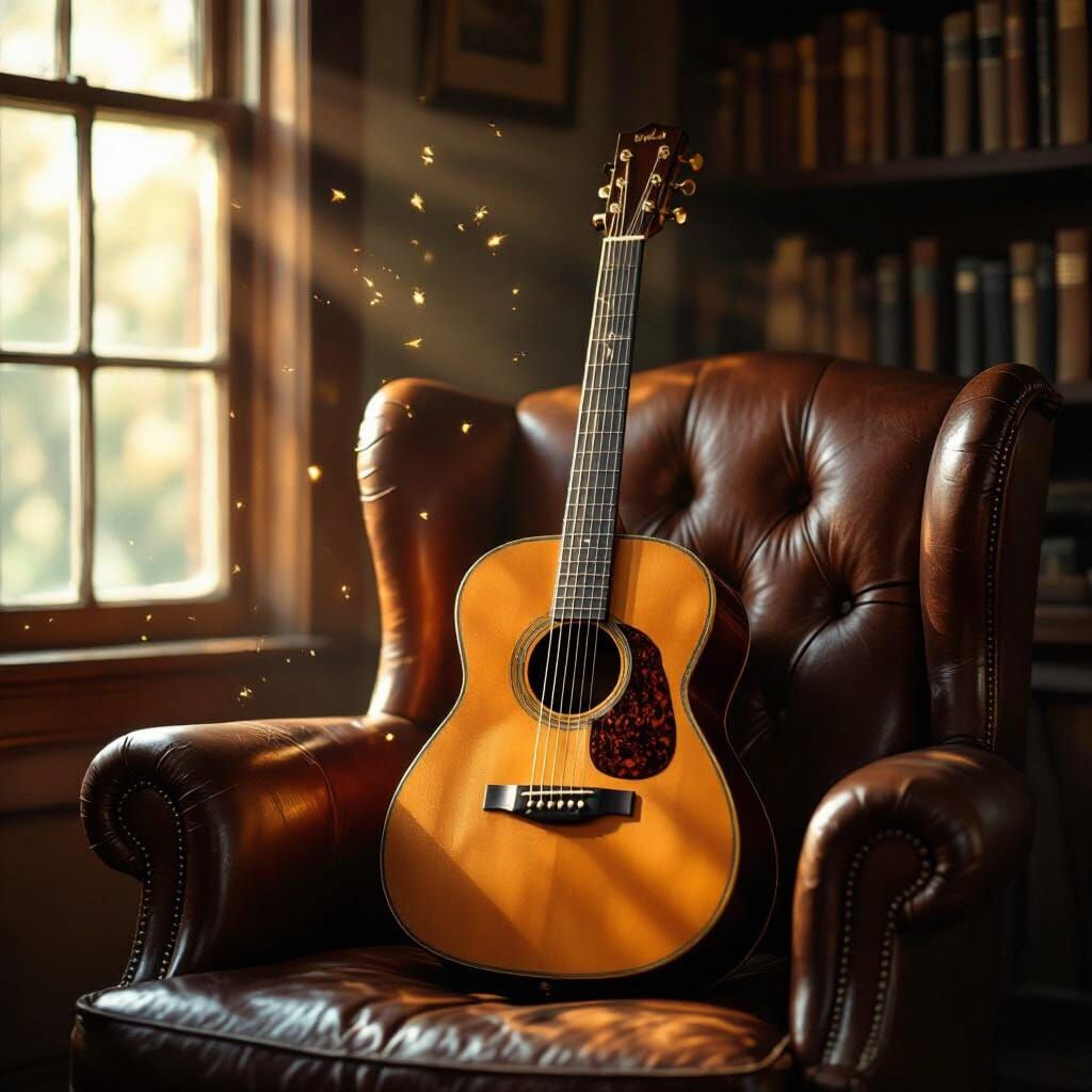 Acoustic Guitar in Cozy Study, Golden Hour Light