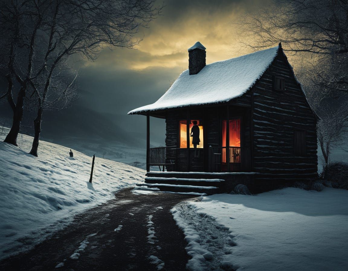A Snowy Valley Scene with a Cozy House and Lonely Hiker in t...