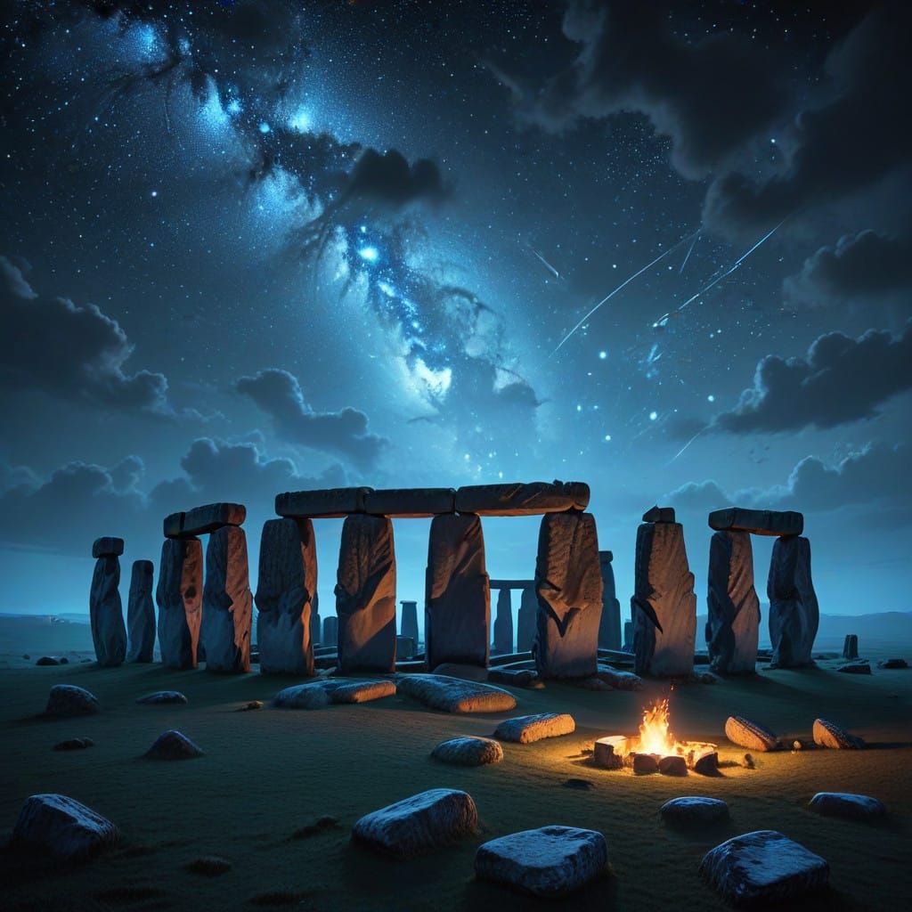 Ethereal Winter Solstice at Stonehenge in Cel-Shaded Anime S...