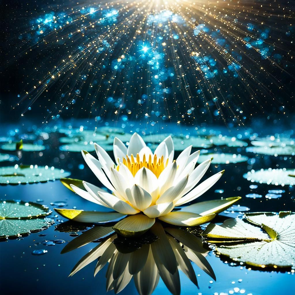 Bioluminescent Crystal Water Lily with Glitter Rain